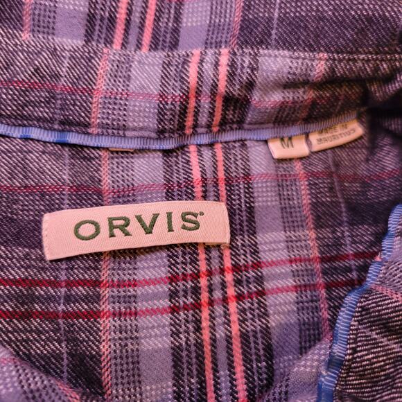 ORVIS Lodge Women's Medium Flannel Shirtdress Plaid Blue Pink Front Button-up - Picture 6 of 8